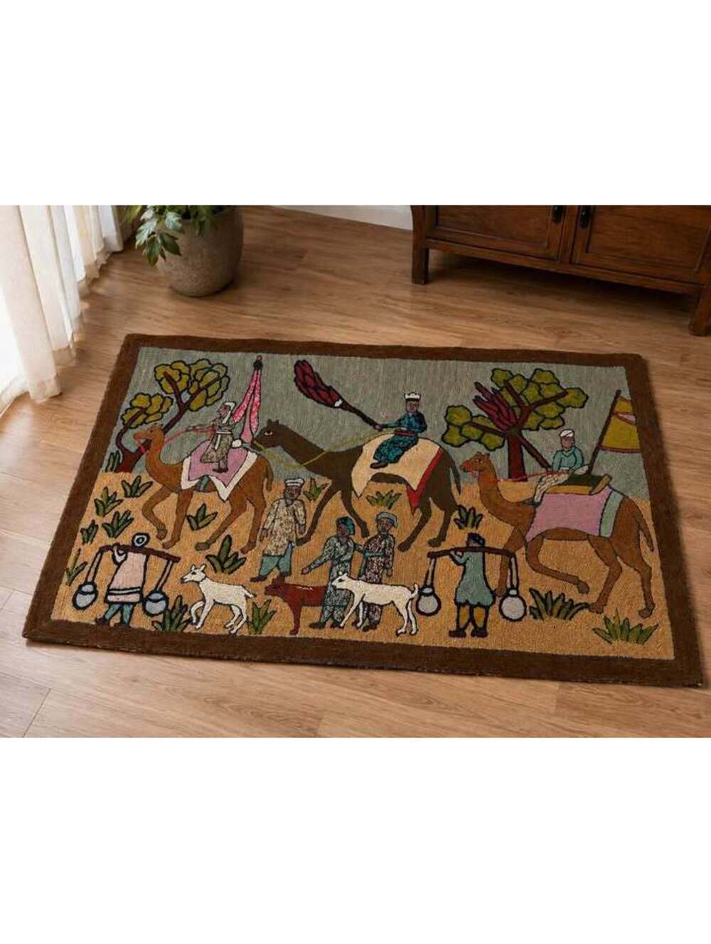 Vintage Kashmiri Chain Stitch Wool Rug Camel Caravan India Pictorial 24x36